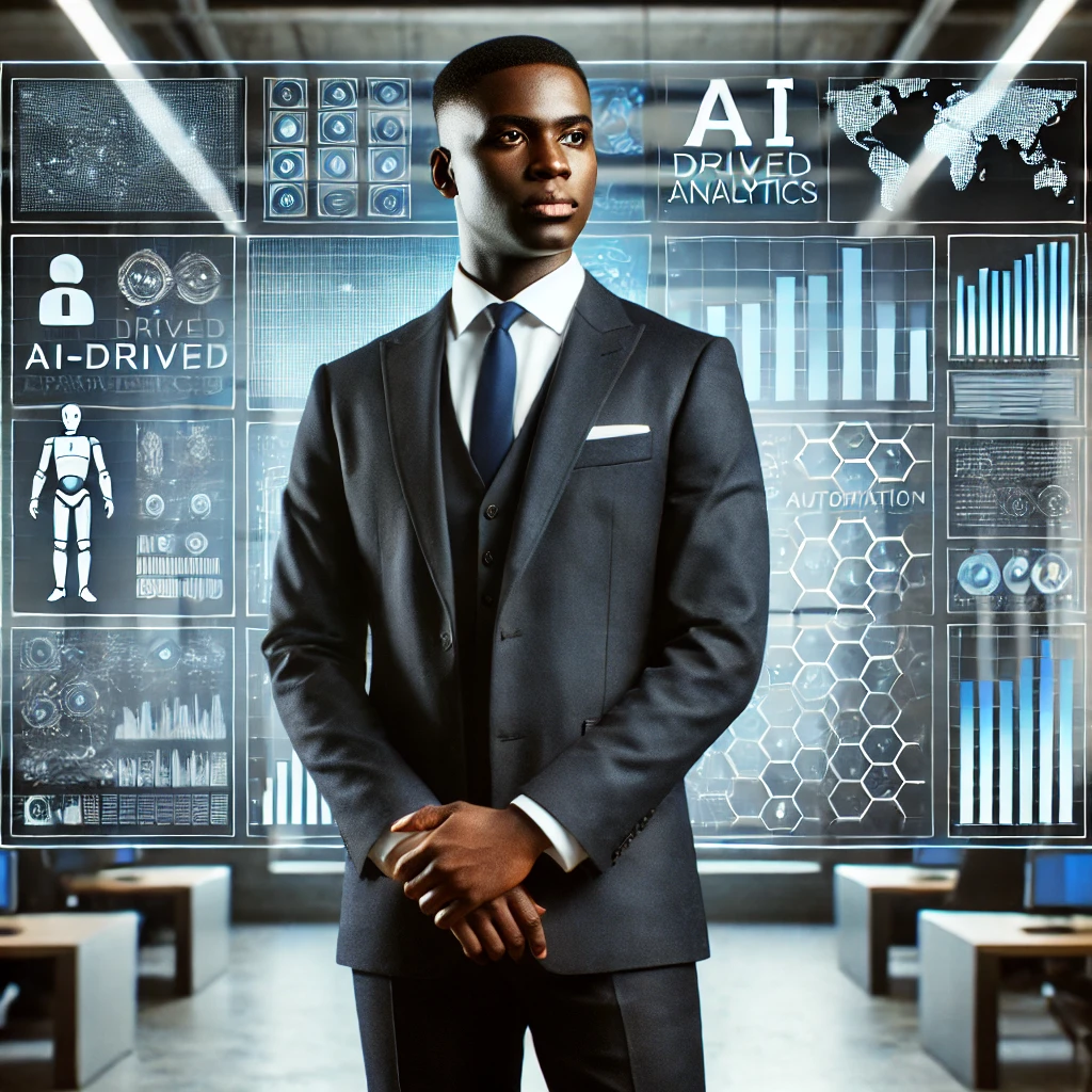 C-level executive using AI-powered analytics dashboard for decision-making.